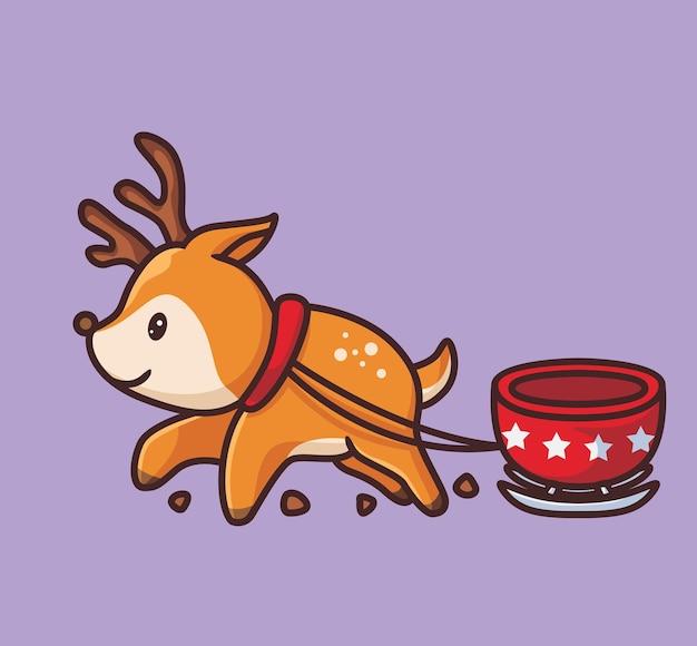 Милый олень принести повозку изолированное мультяшное животное рождественская иллюстрация плоский стиль
