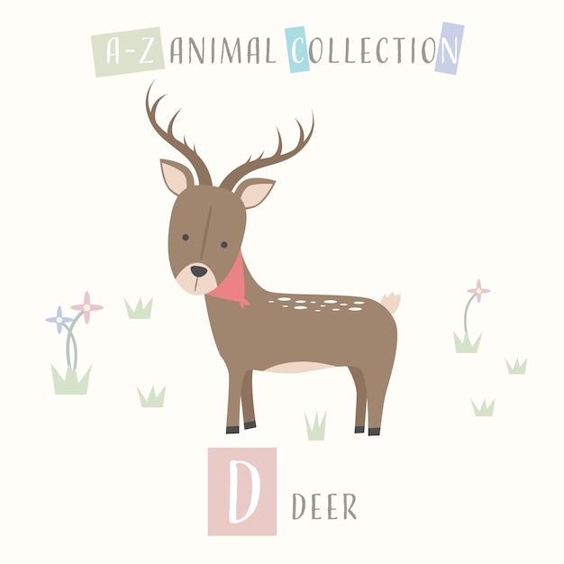 Cute deer cartoon doodle animal alphabet d