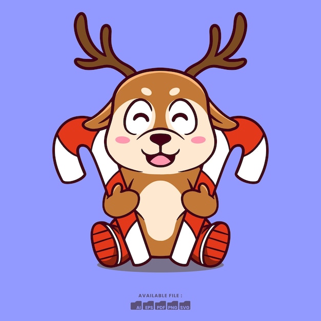 Cute Deer Cartoon Illustration with candy cane