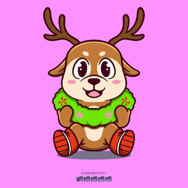 Cute Deer Cartoon Illustration with wreath