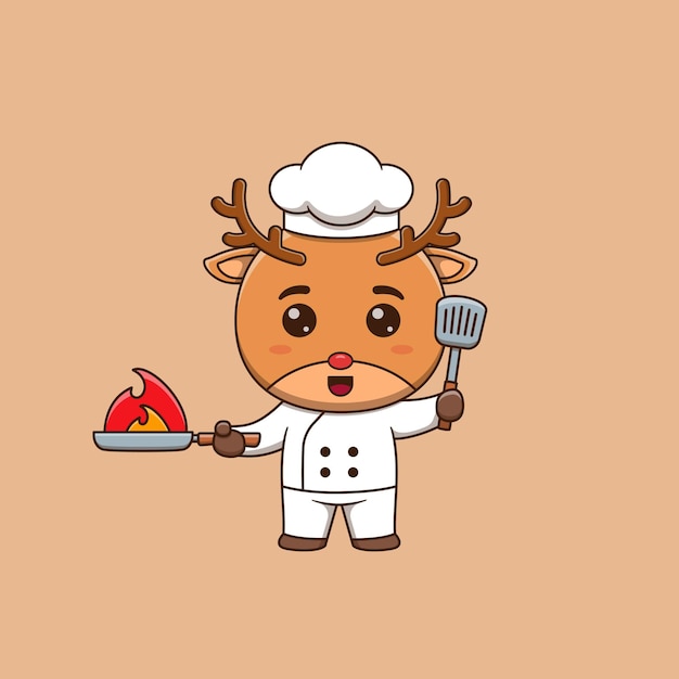 Cute deer chef holding spatula and Burning Frying Pan