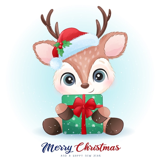 Vector cute  deer for christmas day with watercolor illustration