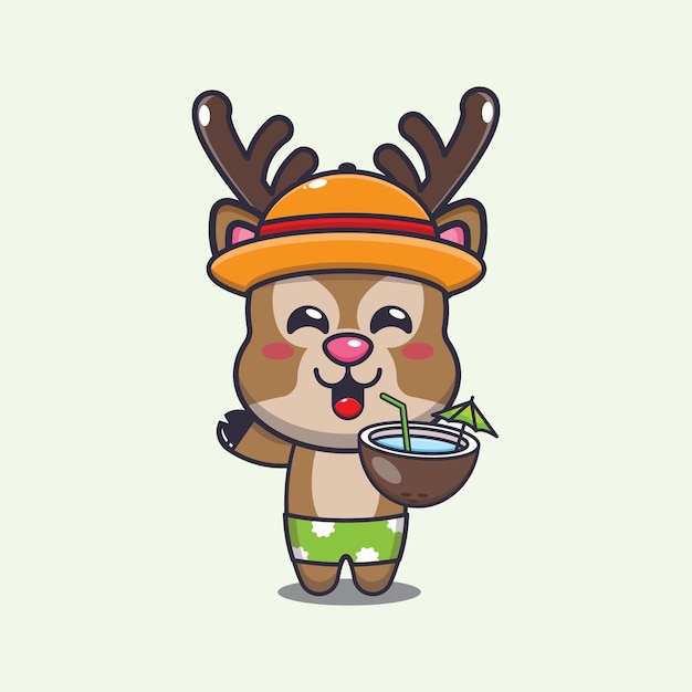 Cute deer drink coconut cartoon illustration.