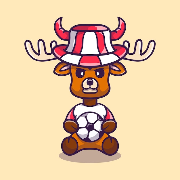 Simpatico tifoso di calcio cervo con palla e cappello