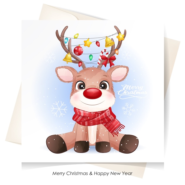 水彩カードでクリスマスのためのかわいい鹿