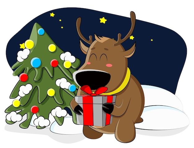 귀여운 사슴이 숲의 크리스마스 트리 아래에서 선물을 발견하고 기뻐합니다