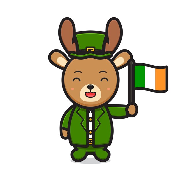 Cute deer leprechaun saint patrick day character holding irish flag cartoon vector icon illustration