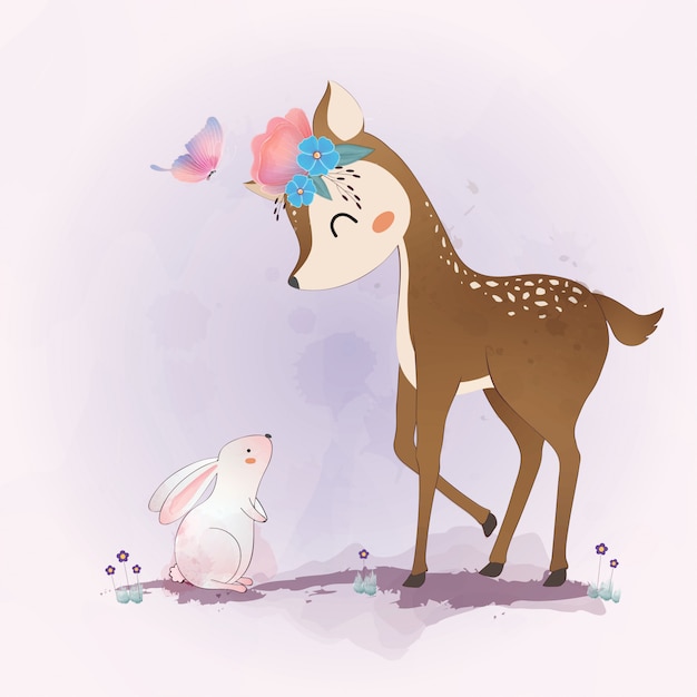 Cute deer and little bunny with flowers, floral wreath