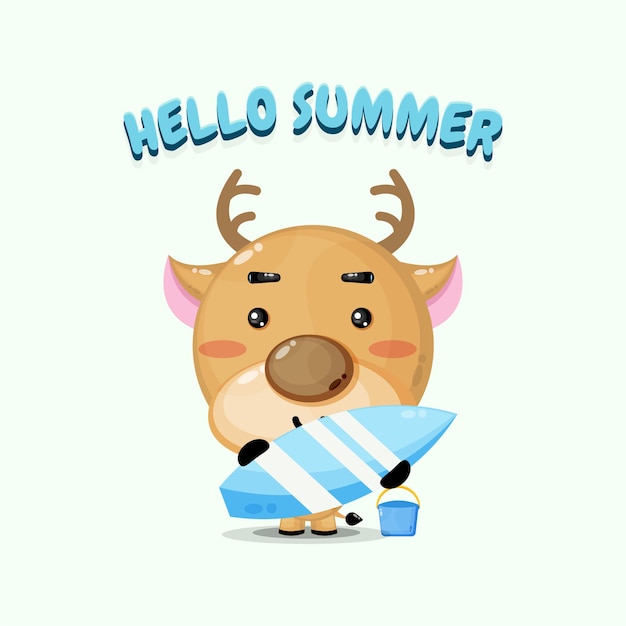 Cute deer mascot carrying surfboard with summer greetings