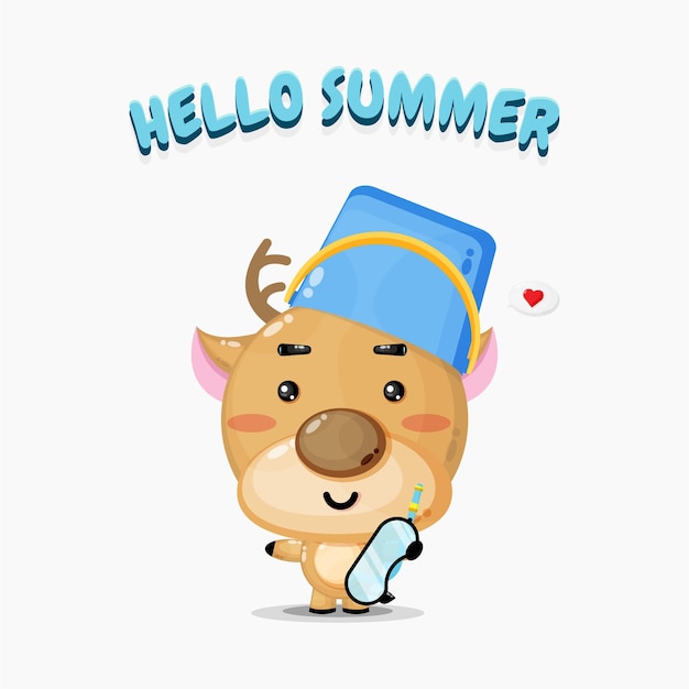 Cute deer mascot wearing a bucket hat with summer greetings