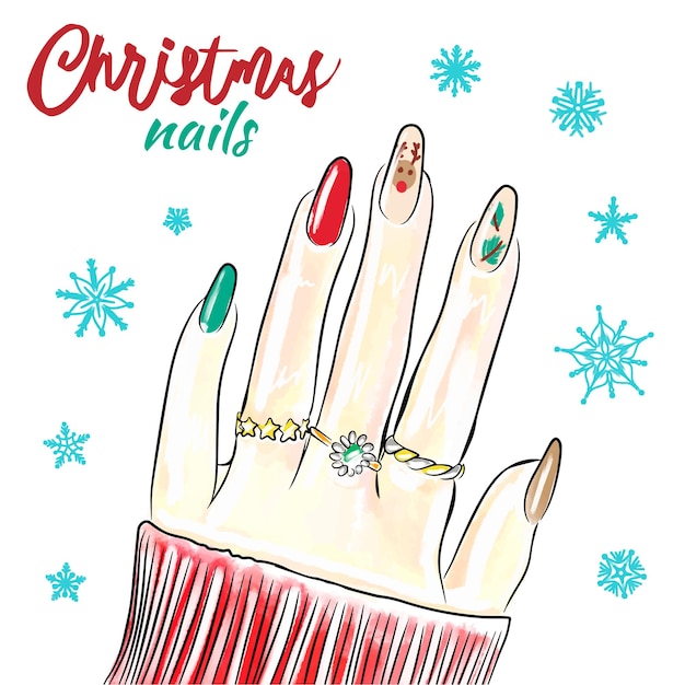 Vector cute deer nail design hand drawn christmas nails manicure