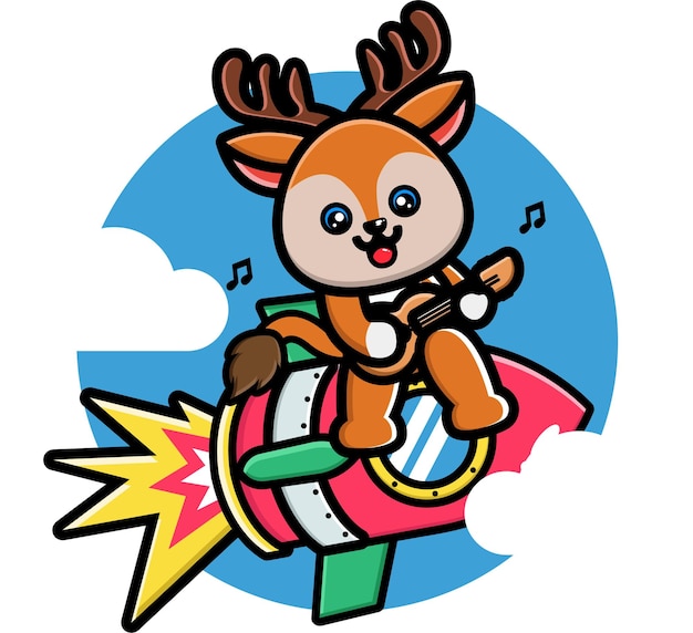 Cute deer playing guitar on the rocket