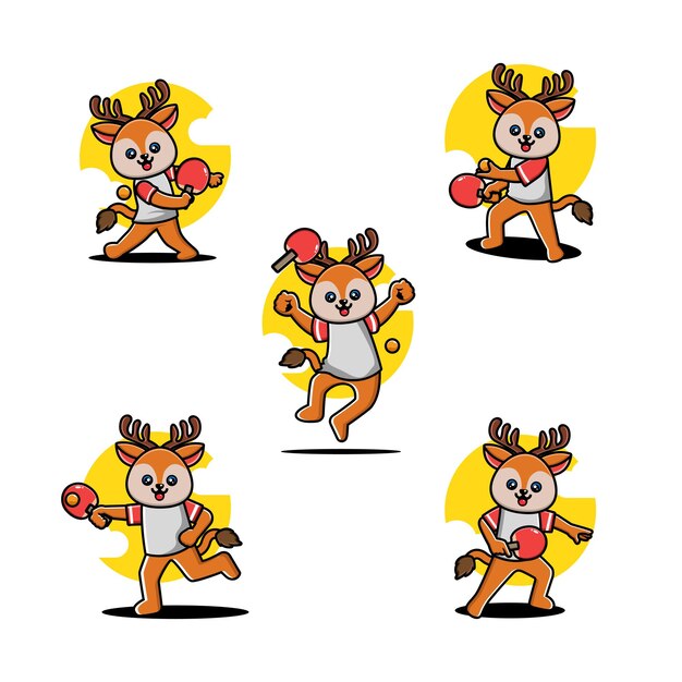 Cute Deer Playing Table Tennis Mascot Character Set