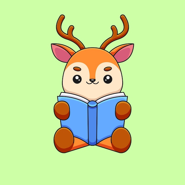 Cute deer reading book cartoon mascot doodle art hand drawn concept vector kawaii icon illustration