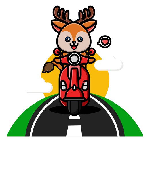 Vector cute deer riding scooter cartoon vector illustration
