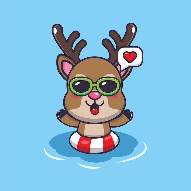 Cute deer in sunglasses swimming on beach cartoon illustration.