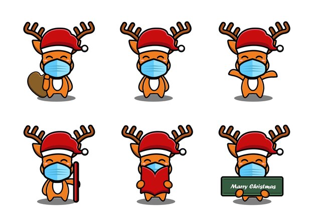 Vector cute deer wearing red hat cartoon set