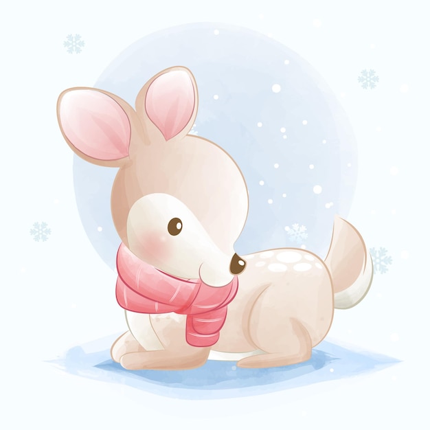 Cute deer wearing a red scarf cartoon illustration