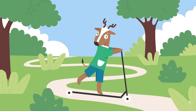 Симпатичный олень за рулем самоката в летнем зеленом парке, олень в рубашке и шортах