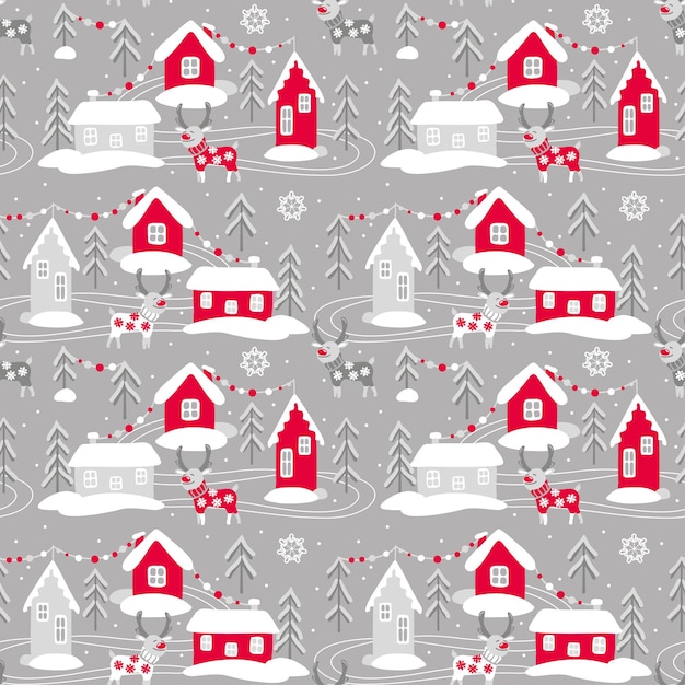 Cute deer in the winter village. Christmas print. Seamless pattern. Vector.