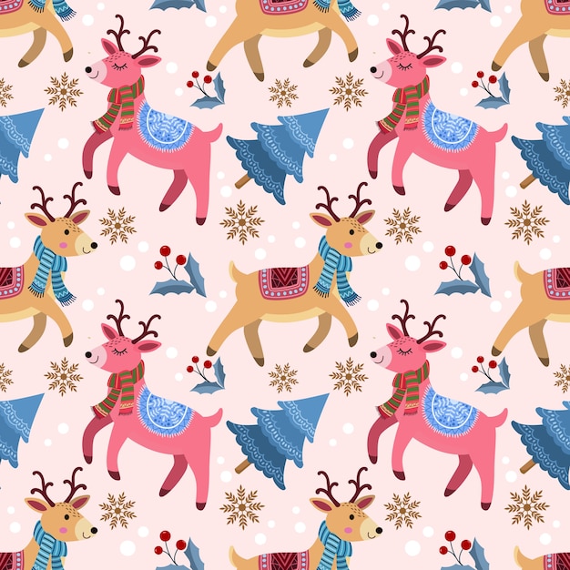 Cute deer with christmas tree in winter seamless pattern.