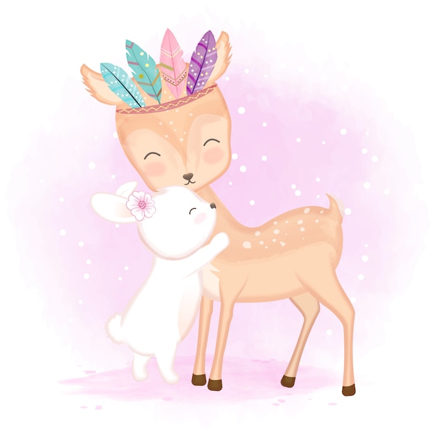 Cute deer with feathers and bunny illustration