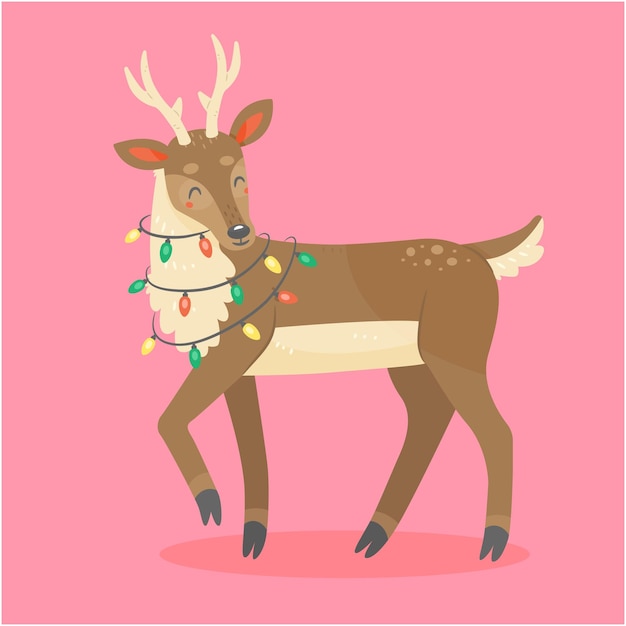 Cute deer with a garland in cartoon style new year and christmas animal character illustration