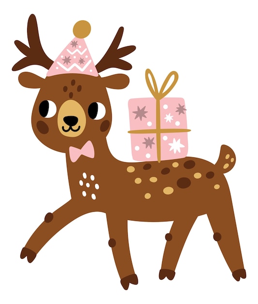 Cute deer with gift box Winter holiday present