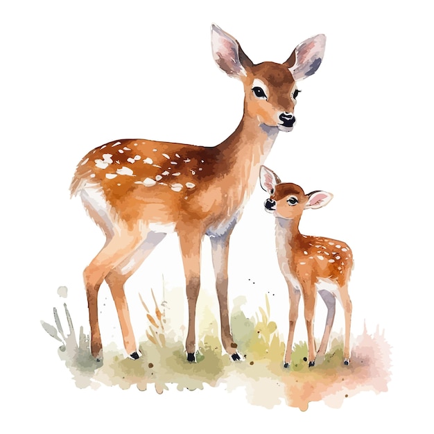 Cute deer with her baby cartoon in watercolor painting style