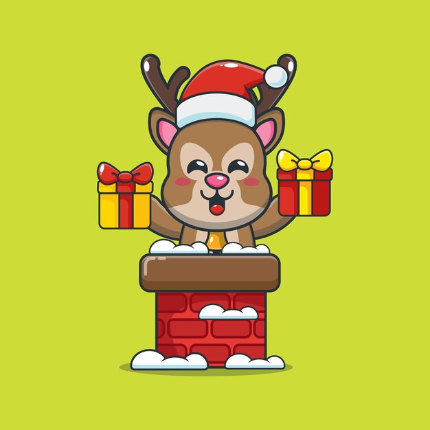 Cute deer with santa hat in the chimney cute christmas cartoon illustration