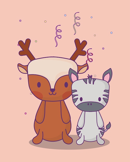 Vector cute deer and zebra with serpentine and confetti around