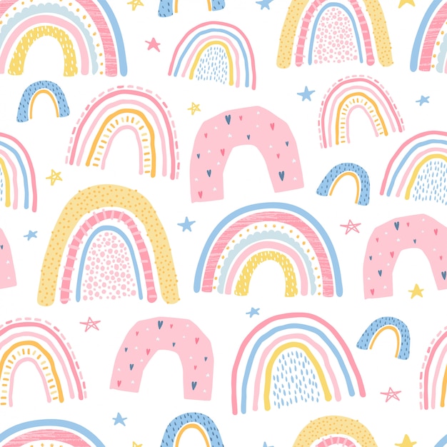 Cute, delicate seamless pattern with a rainbow. Illustration for children's room design. Vector