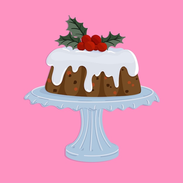 Cute delicious christmas cake with berries and holly vector illustration bake festive pies winter