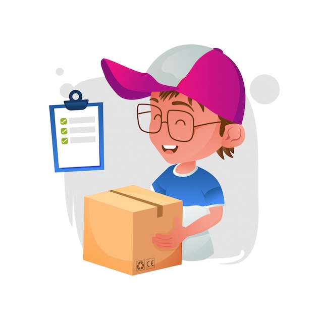 Cute delivery courier man cartoon with  holding package