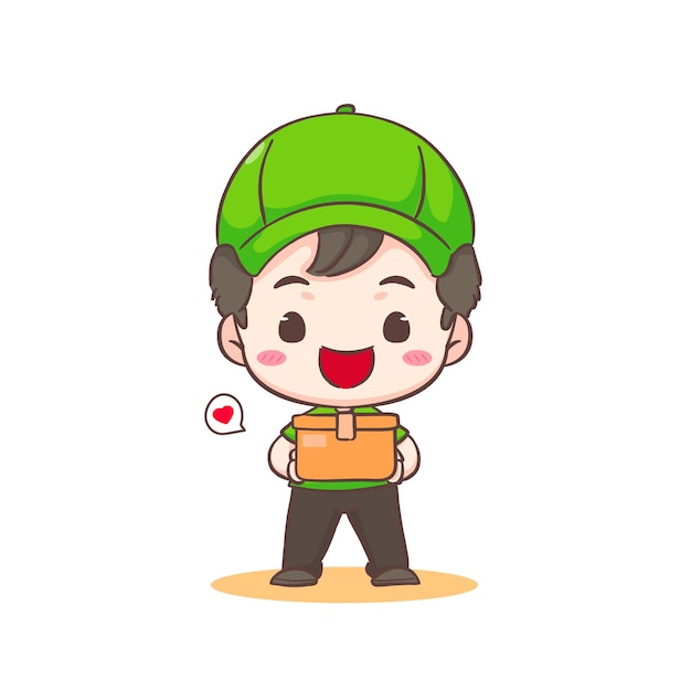 Cute Delivery Man adorable cartoon character Courier wearing uniform and hat delivery package