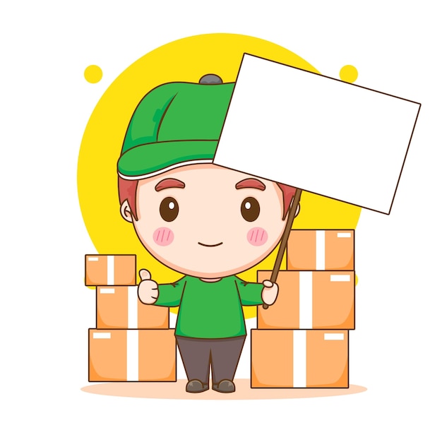 Cute delivery man holding empty board with package on backside chibi cartoon character