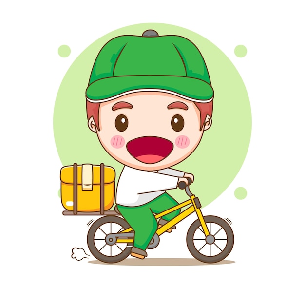 Cute delivery man riding bicycle delivers package chibi cartoon character