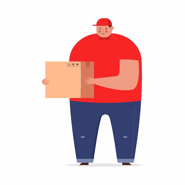 Cute delivery man with box cartoon character isolated on a white background.