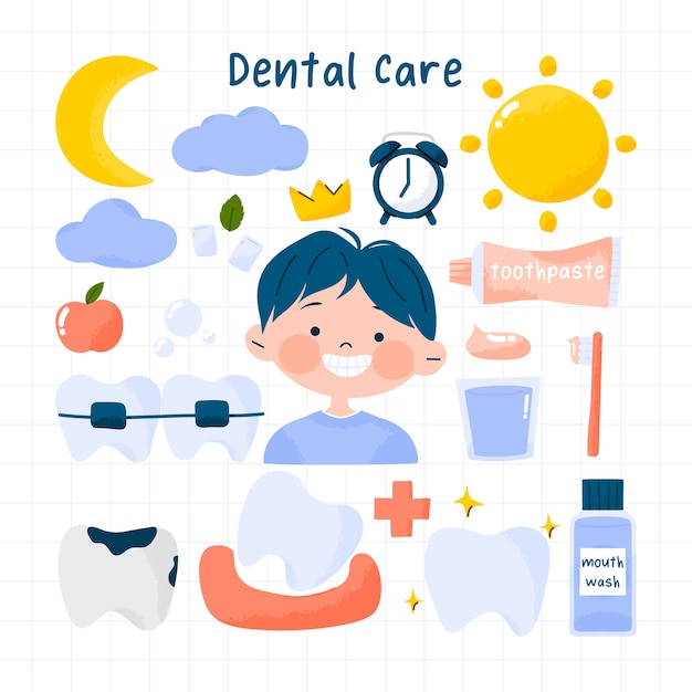 Set dentista carino per igiene dentale e denti sani con bambino e attrezzature