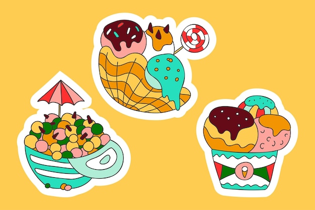 Cute deserts doodle stickers mini melts small balls ice cream with lolypop taco waffle scoops in cup