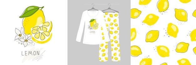 Vector cute designer pajamas handdrawn seamless pattern for kids with citruses lemons green leaves