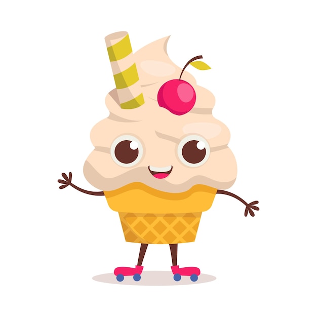 Cute dessert character Vanilla ice cream in a cone on rollers Summer time