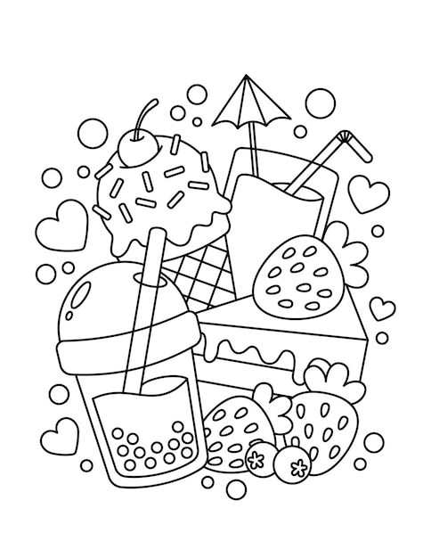 Cute Dessert And Fruit Coloring Page