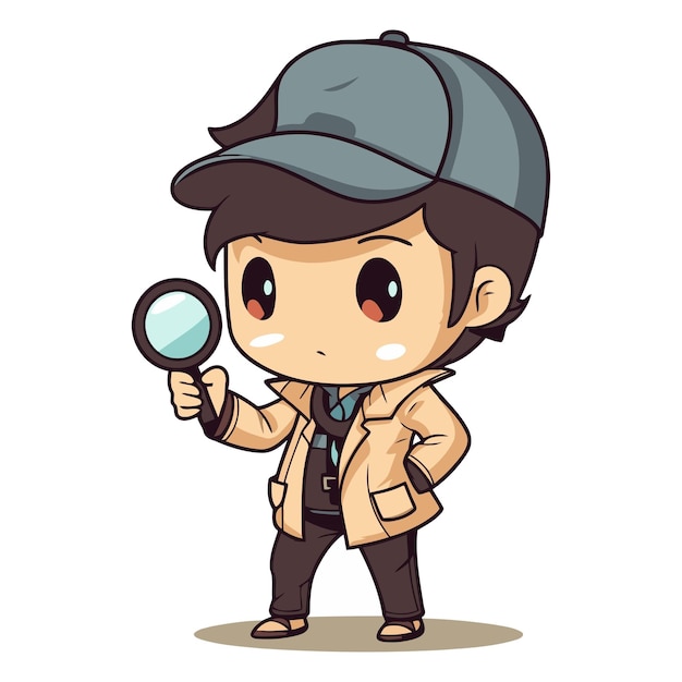 Cute detective boy with magnifying glass in cartoon style