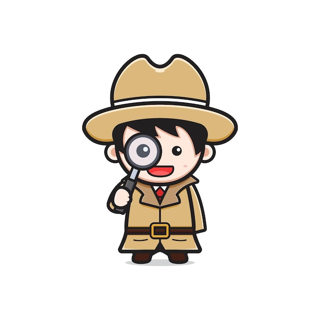 Cute detective holding a magnifying glass cartoon icon illustration. design isolated flat cartoon style