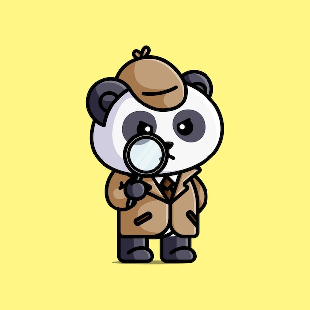 Cute detective panda with with a magnifying glass cartoon illustration animal isolated free