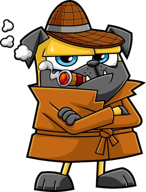 かわいい探偵パグ犬の漫画のキャラクターは、葉巻を吸うと考えています。ベクトル手描きイラスト