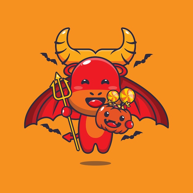 Cute devil buffalo in halloween day. cute halloween cartoon illustration
