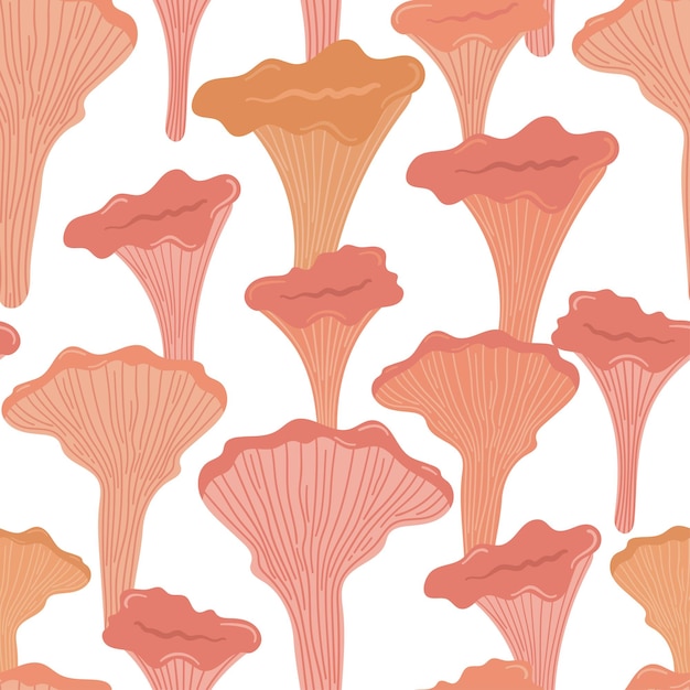 Cute different mushrooms with Chanterelle seamless pattern