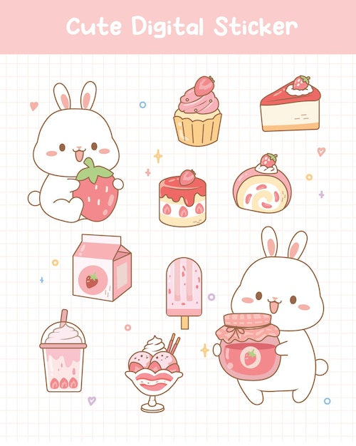 Cute Digital Sticker Rabbit Strawberry Dessert